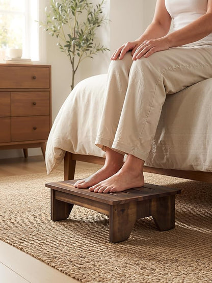 Holana Acacia Wood One Step Stool for Adults - 300 Lbs Wooden Step Stools Heavy Duty for High Bed Riser, Bathroom, Bedroom - Small Stepping Stool for Elderly, Seniors, Kids (Walnut, 6in H)