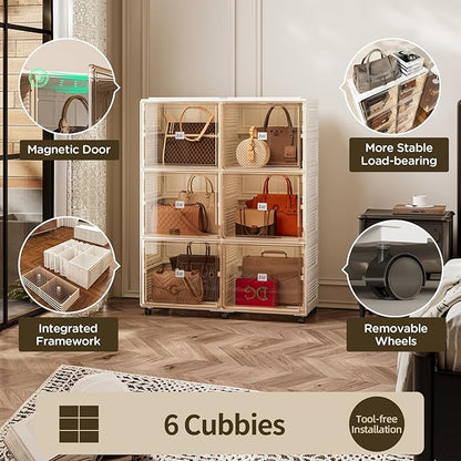 6 Cubbies Handbag Storage Organizer for Closet, Purse Organizer Cabinet with Magnetic Doors & Wheels, Foldable One-Piece Transparent Storage Box for Bags, Boots, Clothes, Toys, Books