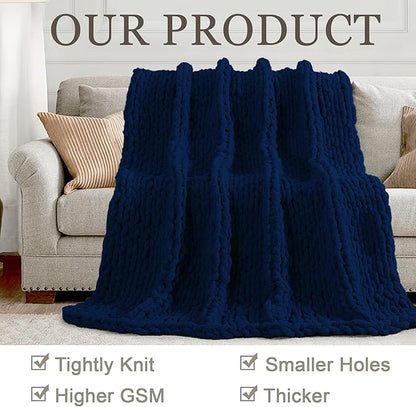 Chunky Knit Throw Blanket 50"X 60", 100% Handmade with Soft Chenille Yarn, 4.4lbs Thick Cable Knitted Blankets, Large Rope Knot Crochet Throws for Couch Sofa Bed Home Decor, Navy Blue