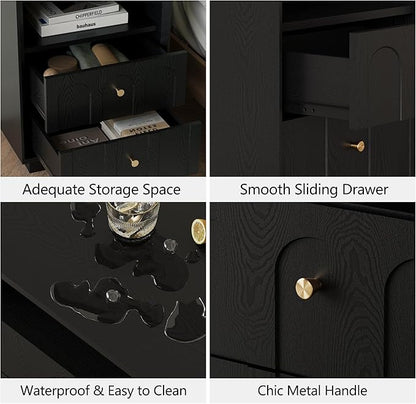 Nightstand Set of 2 with Charging Station, Mid Century Modern Nightstand with Arched Design, Minimalist End Table Wood Grain Bedside Tables for Bedroom or Living Room, Black