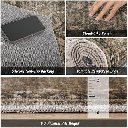 Washable 10x14 Area Rugs for Living Room, Boho Non-Slip Vintage Distress Large Rugs for Bedroom Dining Room Office, 0.3" Neutral Oriental Throw Thin Carpet, Rust/Multi