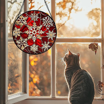 Stained Glass Window Hanging 4 Pcs Set Red Christmas Elk Snowflakes Large 11.8" - Deer Suncatcher Door Garden Sun Catcher Decor Birthday for Mom Woman Nana Men Friend