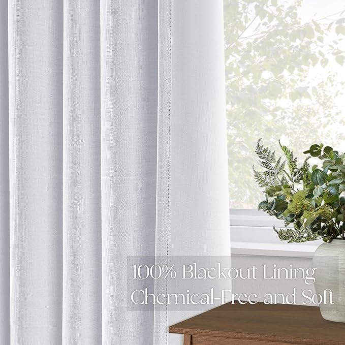 Topfinel White Pinch Pleated Curtains 96 Inch Long, 100% Blackout Thermal Insulated Natural Linen Pinch Pleat Viral Ivory Drapes with Hooks Rings 2 Panel Sets, 8FT Back Tab Window Curtains