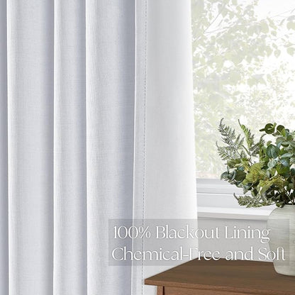 Topfinel White 102 Inches Long Custom Blackout Linen Curtains, Pinch Pleated Noise Cancelling Curtains with Pin Hooks for Traverse Rods, Viral Drapes 2 Panels for Living Room Master Bedroom
