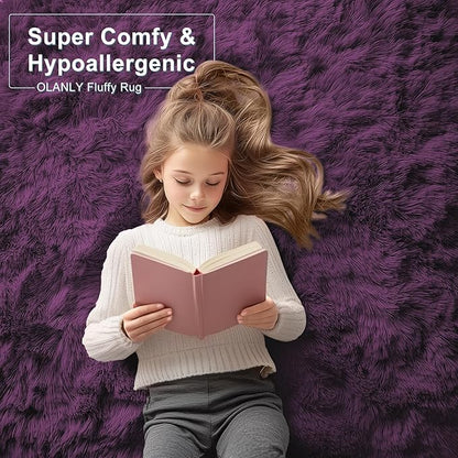 OLANLY 5x8 Machine Washable Large Area Rugs for Living Room, Bedroom, Soft Fluffy Shaggy Bedside Rug, Indoor Floor Carpet for Kids Girls and Boys, Dorms, Nursery, Home Decor Aesthetic, Dark Purple