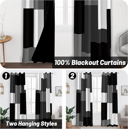 Black Grey 100% Blackout Curtains for Bedroom 72 inch Long 2 Panels Set White Grey Modern Abstract Geometric Black Out Curtains Insulated Room Darkening Window Drapes for Living Room, 52Wx72L