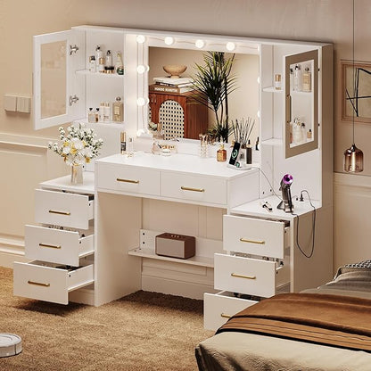 White Vanity Desk with Mirror, Lights & Charging Station, 58" 3 Lighting Modes Makeup Desk with 8 Drawers, 2 Cabinets and Lots Storage, Dressing Table Vanity Set with Lighted Mirror