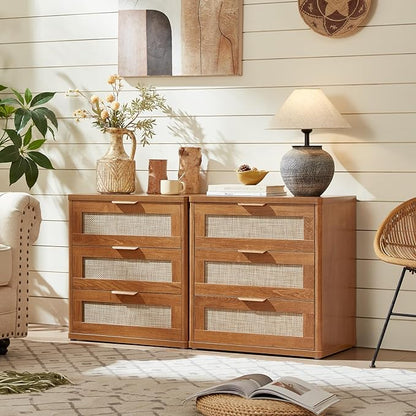 LEYAOYAO Rattan Dresser and Nightstand Sets 3 Piece, Boho Wood Dresser for Bedroom with 6 Drawers and Night Stand with 3 Drawer, Bedroom Furniture, Dressers & Chests of Drawers, Living Room, Hallway