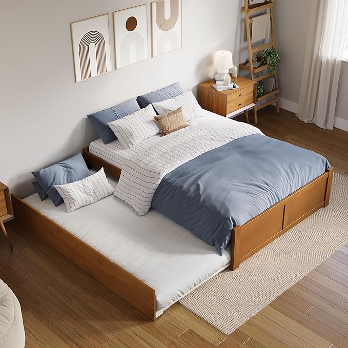 AFI Concord Full Solid Wood Platform Bed with Footboard & Twin Trundle in Light Toffee