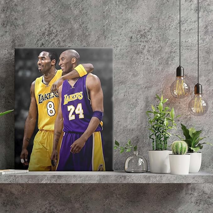 Kobe Bryant Canvas Wall Art Print Poster, Iconic Basketball Player Dual-Era Tribute Artwork, No. 8 and No. 24 Jersey Mamba Mentality Wall Decor for Home Gym Dorm Office Living Room, Framed 20x24inch