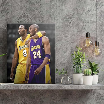 Kobe Bryant Canvas Wall Art Print Poster, Iconic Basketball Player Dual-Era Tribute Artwork, No. 8 and No. 24 Jersey Mamba Mentality Wall Decor for Home Gym Dorm Office Living Room, Framed 16x20inch