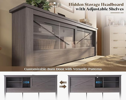AMERLIFE 47.2" H Queen Bed Frame with Hidden Space Bookcase Headboard and Charging Station, Beds with 2 Storage Drawers and Wood Slats, No Box Spring Needed, Grey