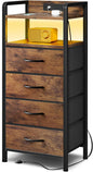 Night Stand Bedside Table Bedroom - Tall Nightstand with Charging Station & LED Light Strip, Bed Side Table with Storage Shelf & 4 Drawers, End Table with U-S-B Ports & AC Outlets, Brown