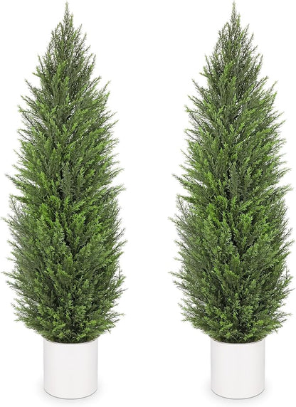 Briful 2PCS 5ft Artificial Cedar Topiary Trees in White Planter – Tall Faux Evergreen Potted Plants, Indoor Outdoor Fake Cypress Shrubs, Lifelike Fake Trees for Home, Office, Patio, Porch, Entryway