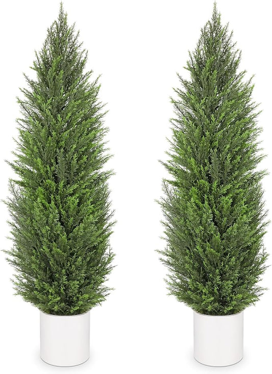 Briful 2PCS 5ft Artificial Cedar Topiary Trees in White Planter – Tall Faux Evergreen Potted Plants, Indoor Outdoor Fake Cypress Shrubs, Lifelike Fake Trees for Home, Office, Patio, Porch, Entryway