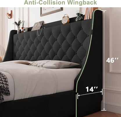 Feonase Upholstered King Size Bed Frame with 4 Storage Drawers, Large Wingback Headboard, No Box Spring Needed, Black