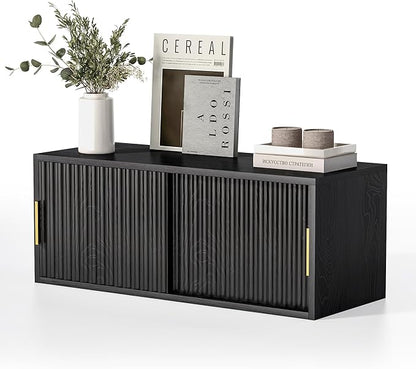 Large Floating TV Stands Set of 2, Modern Fluted Nightstands Wall Mounted Bedside Table Storage Cabinet with Sliding Doors for Living Room, Bedroom Black