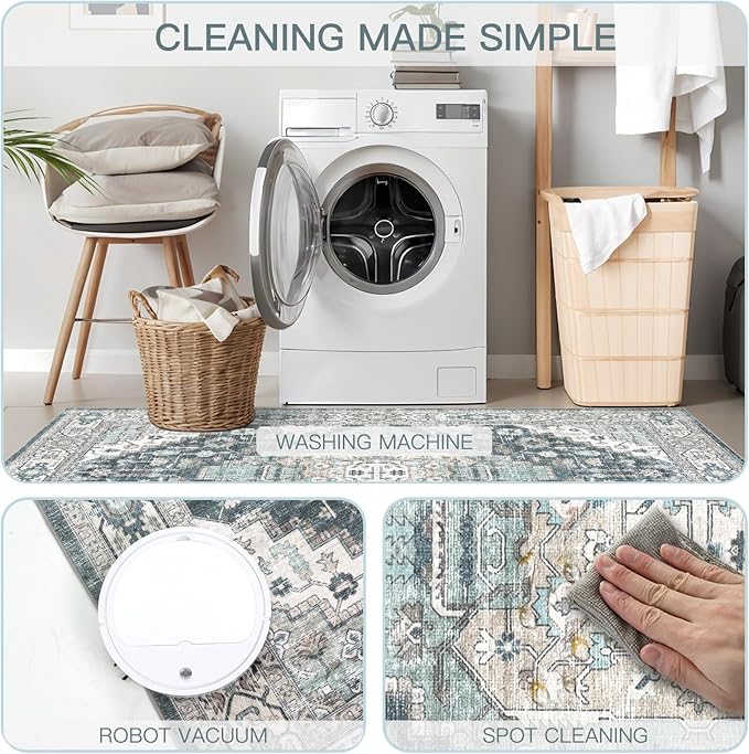 4x6 Vintage Washable Area Rug for Living Room,Low Pile Non Slip Carpet Non-Shedding Small Area Rug Soft Indoor Stain Resistant Rug Boho Print Mat for Bedroom Dining Room Blue Beige Multi