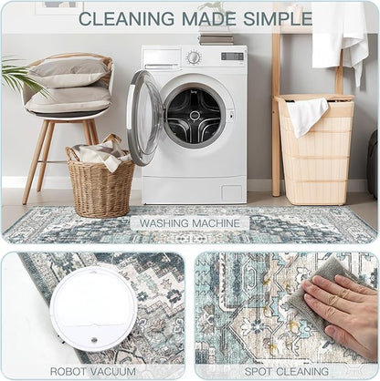 4x6 Vintage Washable Area Rug for Living Room,Low Pile Non Slip Carpet Non-Shedding Small Area Rug Soft Indoor Stain Resistant Rug Boho Print Mat for Bedroom Dining Room Blue Beige Multi