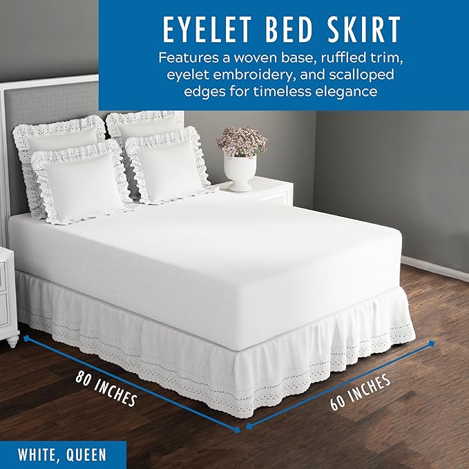 Fresh Ideas Eyelet Bed Skirt, Ruffled Design, 14 Inch Drop, Embroidered Scalloped Edge, Queen, White