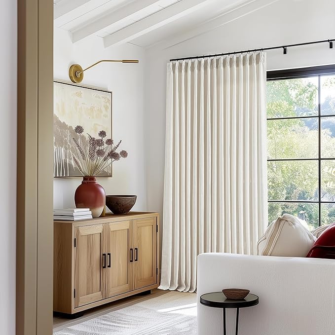 Pinch Pleated Linen 90 Inch Curtains 100 Inch Width for Living Room Divider Light Filtering Semi Sheer Cream Extra Wide Patio Curtains for Sliding Door Balcony Floor to Ceiling Picture Window 100x90