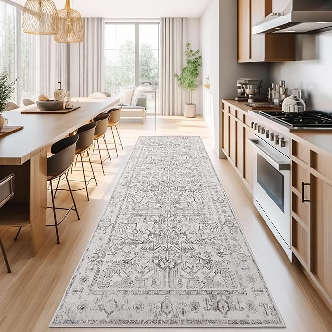 jinchan Lima Kitchen Runner Rug 3x8 - Vintage Floral Machine Washable Non-Slip Hallway Runner Rug with Rubber Backing Ultra-Thin Carpet for Bedroom Laundry Room Farmhouse (3x8ft, Taupe)