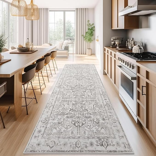 jinchan Lima Kitchen Runner Rug 3x8 - Vintage Floral Machine Washable Non-Slip Hallway Runner Rug with Rubber Backing Ultra-Thin Carpet for Bedroom Laundry Room Farmhouse (3x8ft, Taupe)