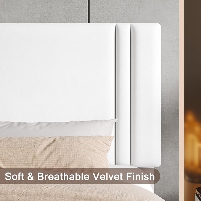 Upholstered Queen Size Bed Frame with Velvet Fabric Headboard, Strong Wooden Slats Support, Noise Free, No Box Spring Needed, White