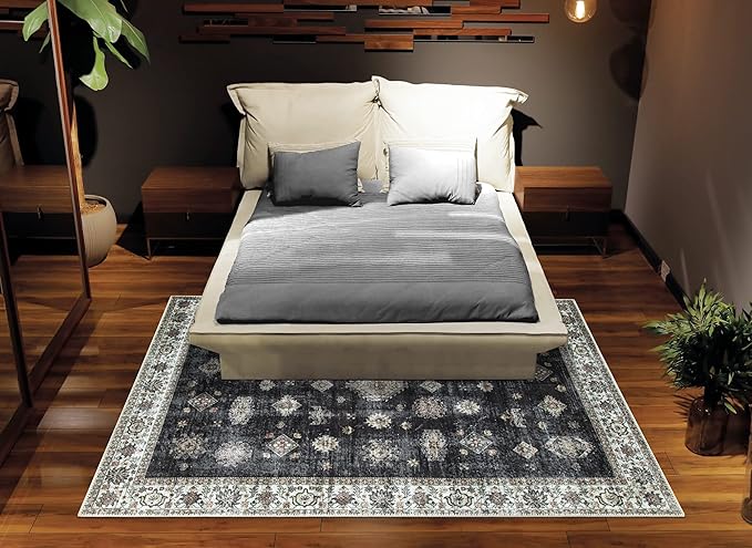 Bloom Rugs Washable Non-Slip 9' x 12' Rug - Black/Ivory Traditional Area Rug for Living Room, Bedroom, Dining Room, and Kitchen - Exact Size: 9' x 12'