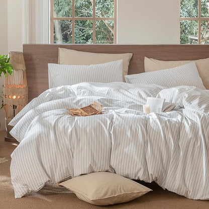 MooMee Striped Duvet Cover Set 100% Washed Cotton Linen Like Textured Breathable Durable Soft Comfy (White Cornflower Blue Wide Stripes, Queen 90"x90")