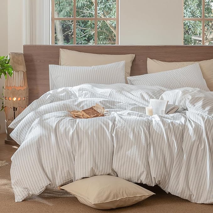MooMee Striped Duvet Cover Set 100% Washed Cotton Linen Like Textured Breathable Durable Soft Comfy (White Cornflower Blue Wide Stripes, Twin 68"x90")