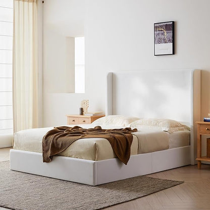 King Size Upholstered Bed Frame, 52.3" High Headboard Carmen Wingback Bed Frames, Tall Headboard Floor Platform Beds, No Box Spring Needed No Noise Minimalist Coconut Micro Suede, White