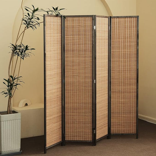 Furnnylane 4 Panel Bamboo Room Divider and Folding Panel Screen,Bamboo Panel Divider for Room Separation,Brown,67" H x 61.4" W