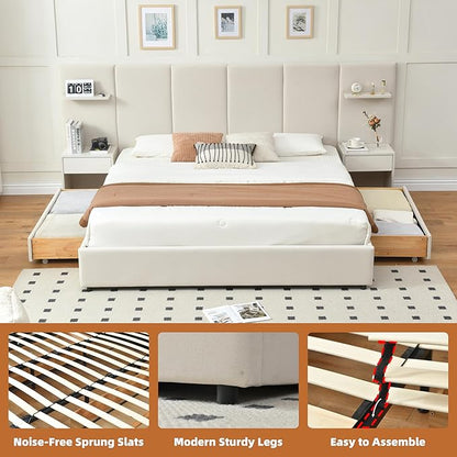 King Bed Frame with Storage & Built-in Nightstands, Velvet Upholstered Platform Bed Frame with Drawers & 2 Floating Storage Shelves, Noise-Free, No Box Spring Needed, Easy Assembly, Beige