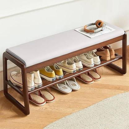 Solid Wood Shoe Bench, 2-Tier Wooden Storage Entryway Bench, Mid-Century Modern Shoe Bench Rack, End of Bed Bench with Faux Leather Cushion, Ottoman Bench for Hallway, Living Room (Cream Grey 39.7'')
