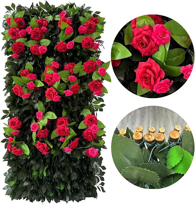 Sumery Expandable Fence Privacy Screen for Balcony Patio Outdoor,Decorative Faux Ivy Fencing Panel,Artificial Hedges (Single Sided Leaves) (1, Branches -Red Rose)
