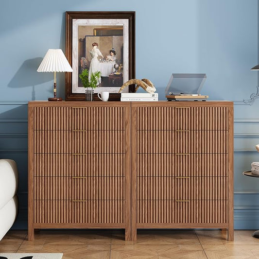 5 Drawer Dresser, 43" Tall Dresser Organizer TV Drawer Cabinet Modern Wood Storage Cabinet, Modern Wood Storage Cabinet for Bedroom, Hallway, Entryway, Walnut Oak X 2
