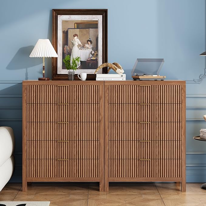 43" 5 Drawer Dresser Tall Dresser Organizer TV Drawer Cabinet Modern Wood Storage Cabinet, Modern Wood Storage Cabinet for Bedroom, Hallway, Entryway, Walnut