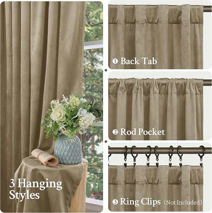 LAMIT Velvet Curtains 102 Inch for Living Room, Thick Thermal Insulated Drapes Room Darkening Country Decor Back Tab and Rod Pocket Panels for Bedroom, 2 Panels, Dark Taupe, 52 x 102 Inch