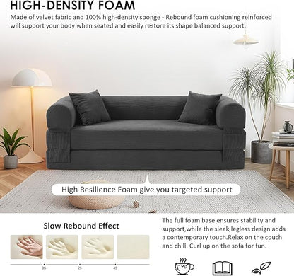 80" Convertible Sofa Bed, Corduroy Deep Seat Folding Pull Out Couch with Pillows, No Assembly Modern Boneless Couch Compression Sofa in Box, Floor Sofa with Storage Pocket for Living Room,Dark Grey