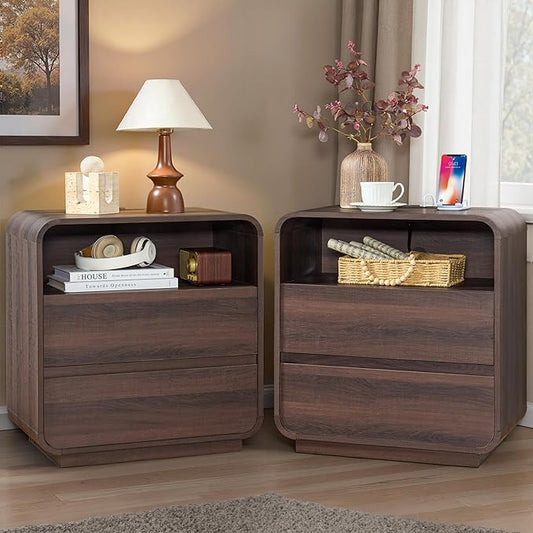 Walnut Curved Nightstand Set of 2 with Charging Station, 23.2" Wide Wood Bedside Table 2 Storage Drawers, Modern Side Table Handleless, Large End Table Night Stand for Bedroom