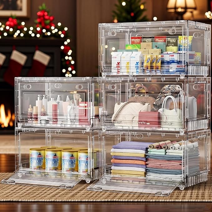 BROVIEW 400Qt Stackable Storage Bins with Lids Wheels, XL Clear Plastic Drawers Foldable Closet Organizers and Storage Cabinet Display Box Shelves with Front & Back Doors, for Home Office Garage,5Pack