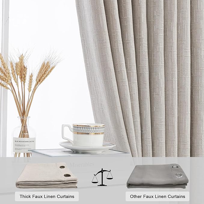 Linen Curtains 205 inch Length 2 Panels for High Ceiling Extra Long Thick Faux Linen Window Drapes Burlap Textured Curtains with Grommet for 2 Story High Living Room (52x205 Beige)