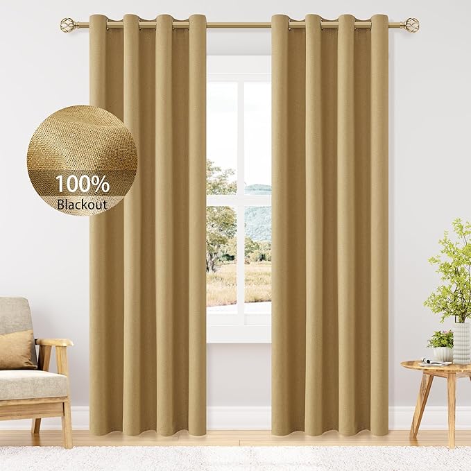 ChrisDowa 100% Blackout Mustard Yellow Solid Curtains 96 Inches Long 2 Panels for Bedroom Living Room,Farmhouse Room Darkening Thermal Insulated Soundproof Grommet Top Window Treatment Drapes,52x96