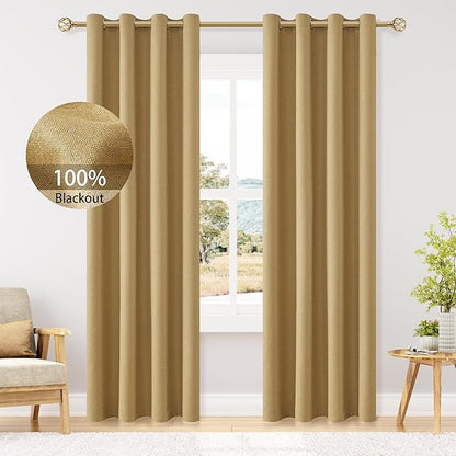 ChrisDowa 100% Blackout Mustard Yellow Solid Curtains 96 Inches Long 2 Panels for Bedroom Living Room,Farmhouse Room Darkening Thermal Insulated Soundproof Grommet Top Window Treatment Drapes,52x96