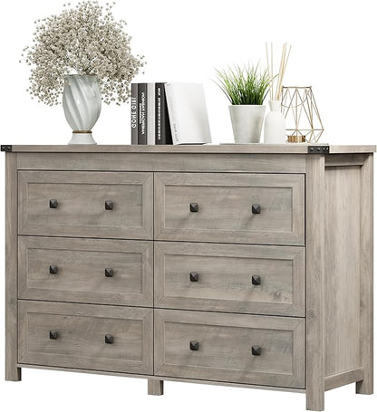 Dresser for Bedroom with 6 Drawers, Farmhouse Wood Chest of Drawers, Wide TV Stand Closet Storage Furniture with Metal Handle, Modern Clothes Organizer for Hallway, Living Room, Entryway, Light Grey