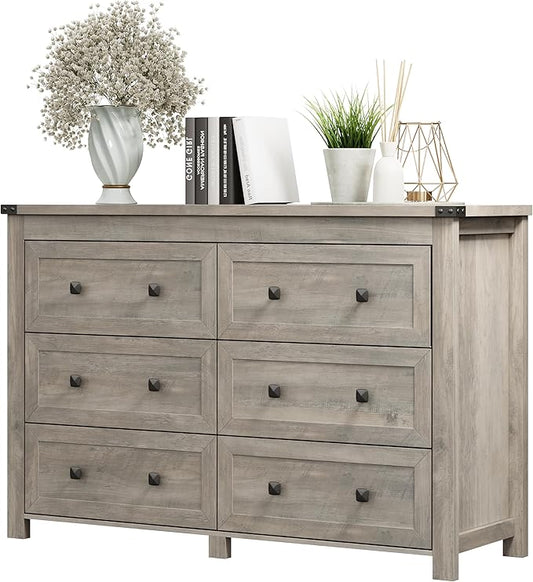 Dresser for Bedroom with 6 Drawers, Farmhouse Wood Chest of Drawers, Wide TV Stand Closet Storage Furniture with Metal Handle, Modern Clothes Organizer for Hallway, Living Room, Entryway, Light Grey