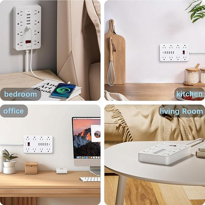 10 Ft Long Extension Cord,Power Strip Surge Protector HUNIAN Flat Plug with 8 Widely Spaced Outlets 6 USB(1 USB C Port), Wall Mount Charging Station for Home and Office,White