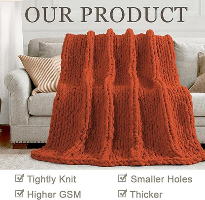 Chunky Knit Throw Blanket 50"X 60", 100% Handmade with Soft Chenille Yarn, 4.4lbs Thick Cable Knitted Blankets, Large Rope Knot Crochet Throws for Couch Sofa Bed Home Decor, Rust