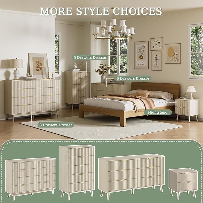 LYNSOM Fluted 8 Drawer Dresser for Bedroom, 55" Wide Modern Chest of Drawers with Curved Profile Design and Metal Handles, Wood Dresser TV Stand & Storage Organizer for Bedroom, Hallway, Beige